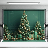 Aperturee - Green Wall Gift Trees Bells Snowy Christmas Backdrop